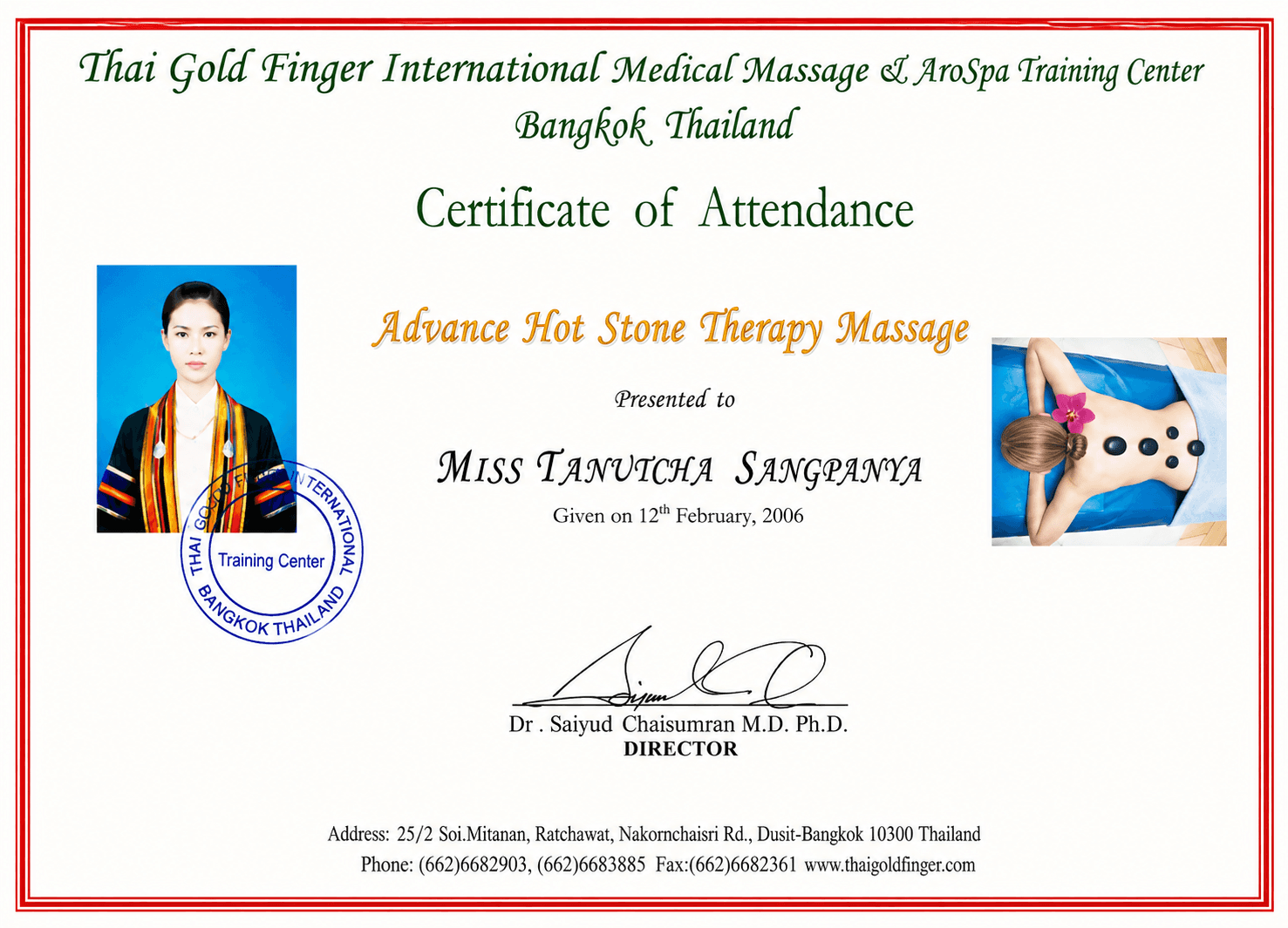 Certificado Advance Hot Stone Therapy Massage de Tanutcha Sangpanya