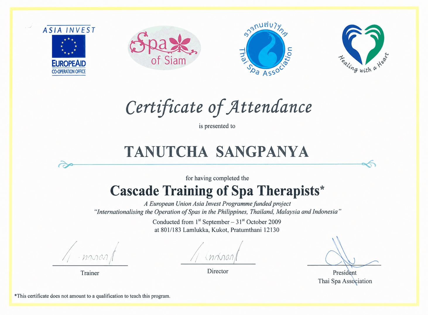 Certificado Cascade Training of Spa Therapists de Tanutcha Sangpanya