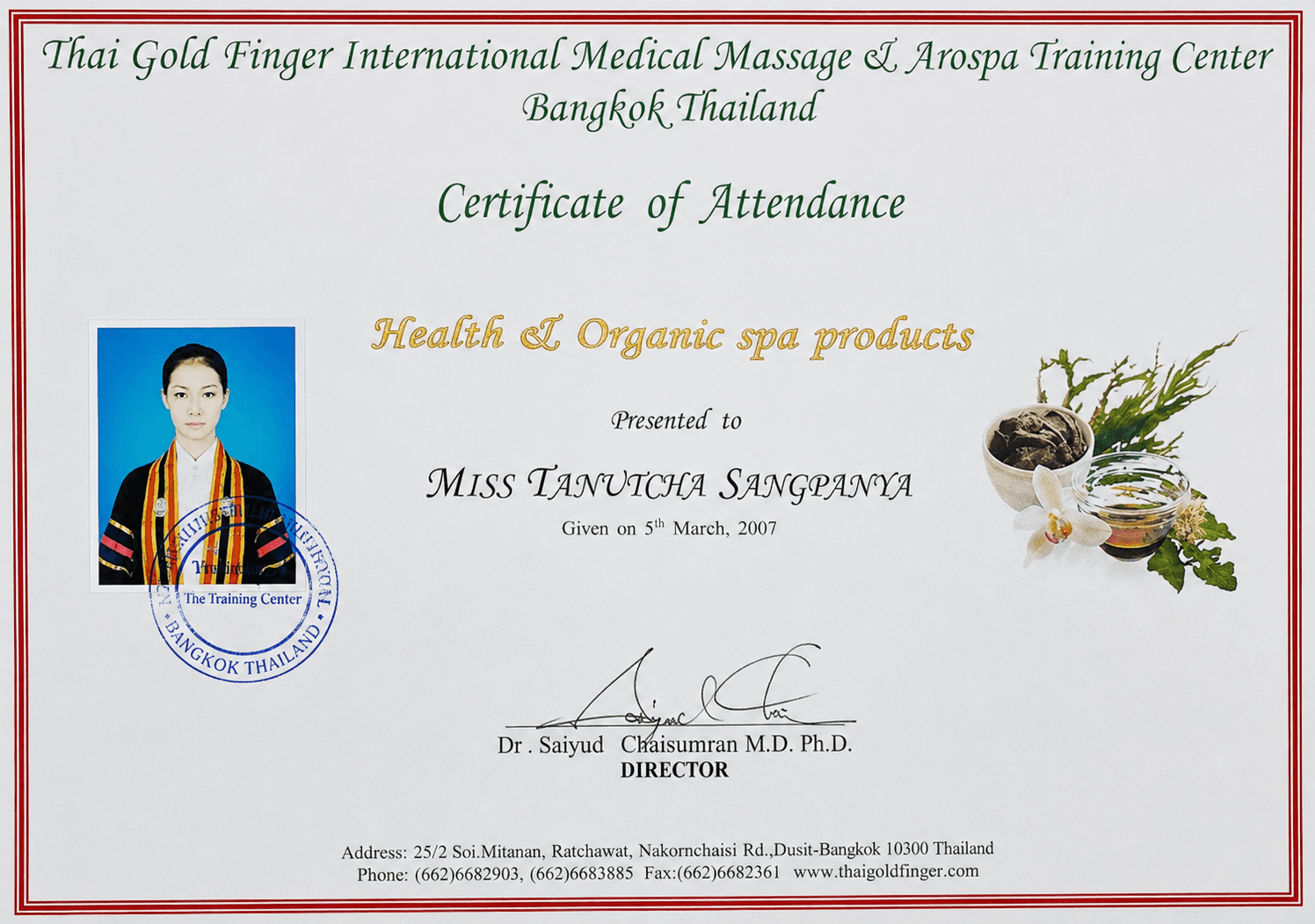 Certificado Health and Organic Spa Products de Tanutcha Sangpanya
